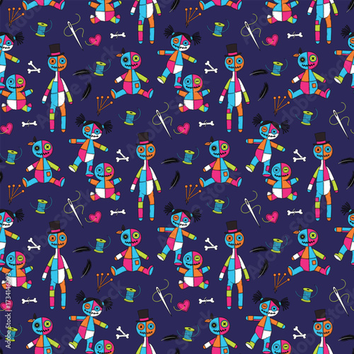 Seamless Halloween pattern with voodoo dolls pins and stitched hearts vector
