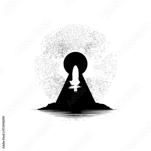 Stylized keyhole silhouette with a bright light shining through it and radiating outwards design art