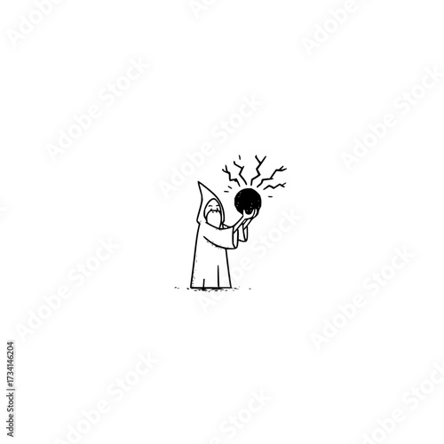 Wizard in white robe holding a dark orb with lightning emanating from it in a minimalist line drawing