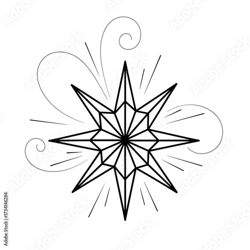 A celestial geometric starburst with elegant swirling decorative elements suggesting a radiant and mystical aura.
