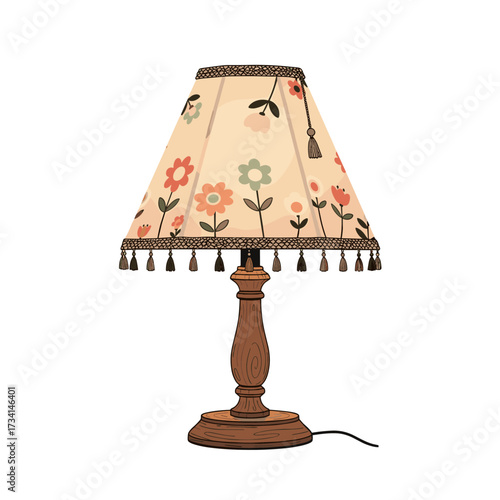 A charming wooden table lamp with a floral patterned lampshade featuring a whimsical daisy and poppy design perfect for adding a touch of vintage inspired decor to any room.