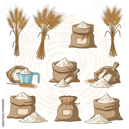 Bags of flour and wheat stalks a collection of baking ingredients.