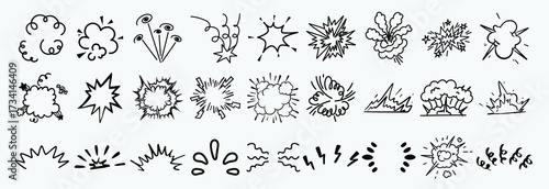Line speed cartoon effect, comic smoke motion line element set. Comic boom motion, explosive energy, line speed cartoon vector icon. Hand drawn sketch doodle action effect. Vector illustratio