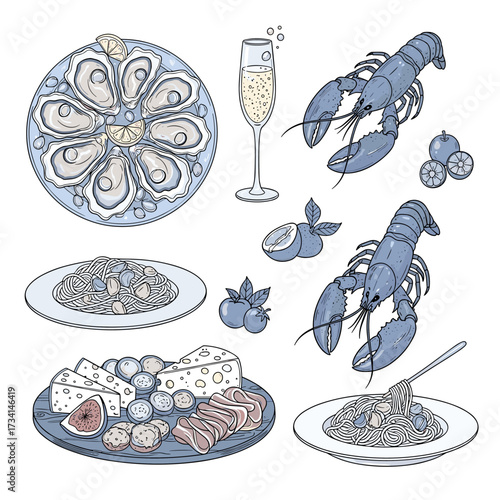 A delightful assortment of seafood cheese and champagne perfect for a celebration meal.