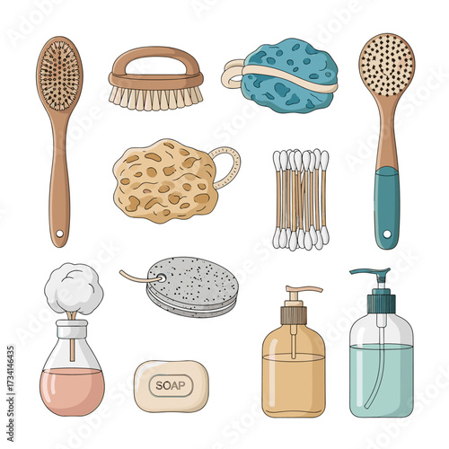 A collection of bathroom hygiene and personal care items for cleaning and exfoliating.