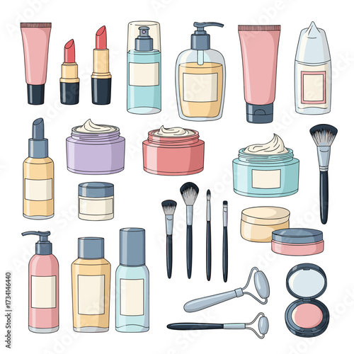 A diverse collection of beauty and cosmetic products displayed artistically.