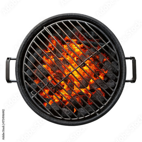Top view of a burning charcoal grill isolated on transparent background