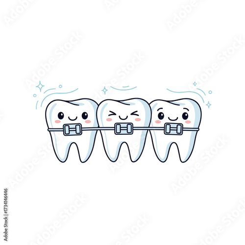 These three adorable cartoon teeth with braces look happy and healthy in a straight line.