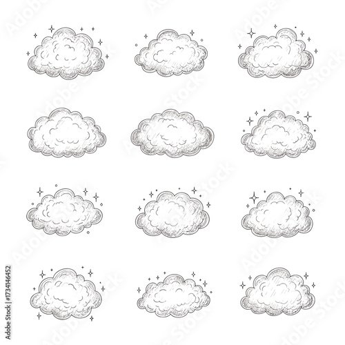 A collection of twelve fluffy white clouds each adorned with tiny sparkling stars.