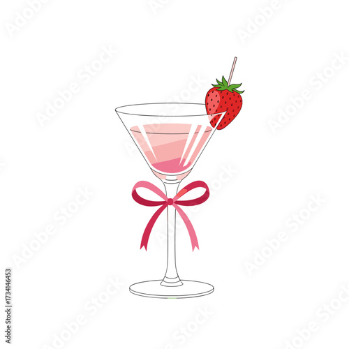 A refreshing pink strawberry cocktail garnished with a fresh strawberry and a decorative bow.