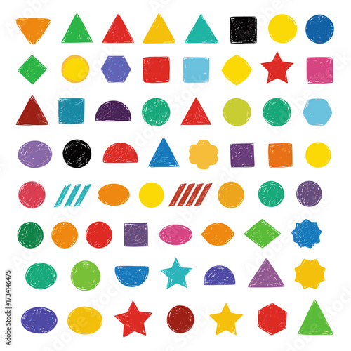 A large collection of colorful geometric shapes and patterns including triangles circles squares and stars.