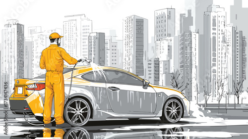 Professional Car Wash in Urban Setting Vector Illustration