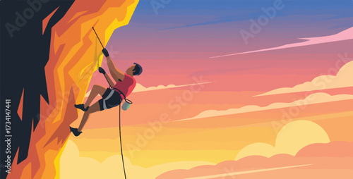 A climber ascends a cliff face against sunset skies