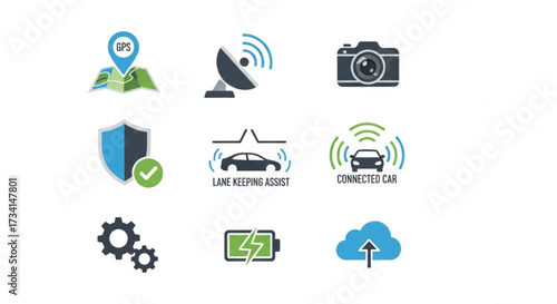 Autonomous Car Technology Icons: GPS, Sensors, and Safety Features