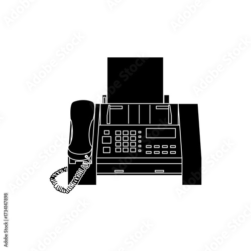 Black silhouette vector of a 1990s fax machine with handset and paper, showing retro office communication technology.