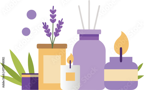 Vector illustration of aromatherapy candles essential oils and fresh lavender for wellness