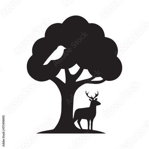 Silhouette of a majestic tree with a bird perched on a branch and a deer standing gracefully beneath its canopy in a natural outdoor setting silhouette
