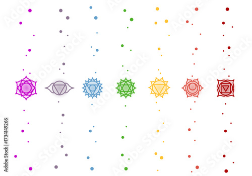Set of beautiful indian ornamental 7 chakras. Chakra vector symbols signs, mystical esoteric, yoga and meditation. Buddhism, Hinduism