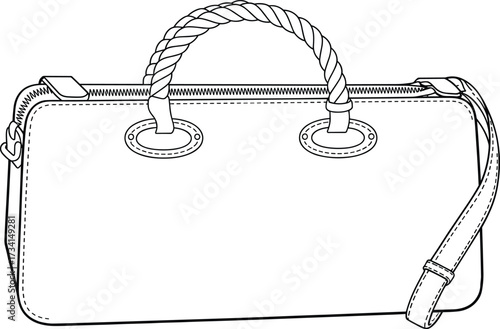 Black and white handbag illustration, fashion accessory drawing, detailed purse design, vector line art, shoulder bag sketch, stylish leather bag graphic