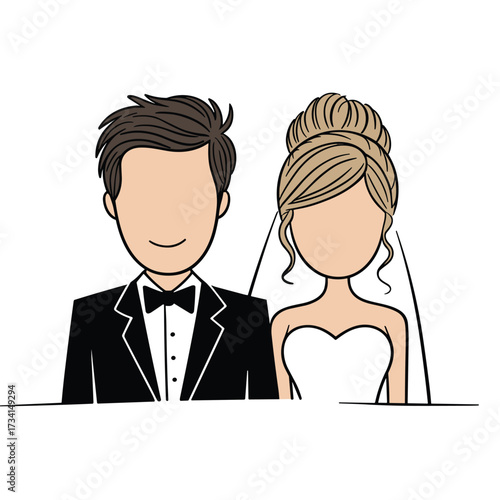 Minimalist Cartoon Wedding Couple in Simple Line Art