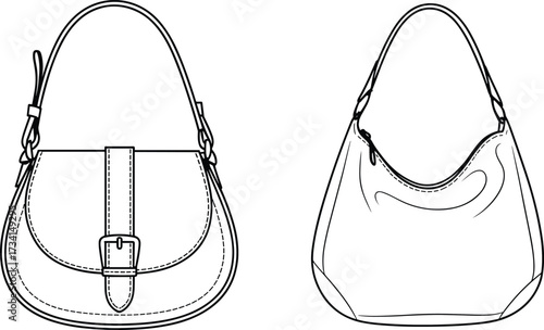 Two handbag illustrations, structured purse with buckle, slouchy zipper bag drawing, fashion accessory sketches, vector line art, stylish leather bag designs