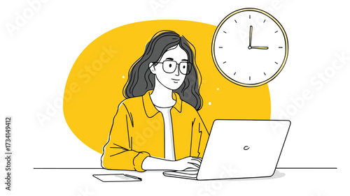 Professional Woman Working on Laptop with Clock