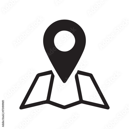 Iconographic representation of a map pin marker position symbol over abstract folded paper indicating navigation location and direction silhouette