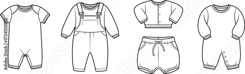 Baby clothing fashion illustration set, romper, overall, cardigan, shorts, onesie designs, vector line art, toddler apparel technical drawing collection