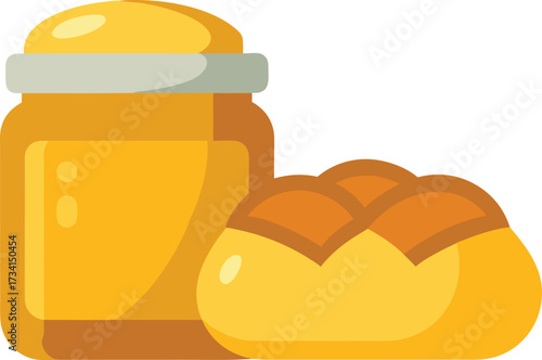 Freshly baked bread with honey and butter jar vector illustration food icon