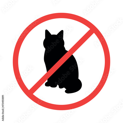 No pets allowed vector sign on white background. Black solid cat and red prohibition flat icon.
