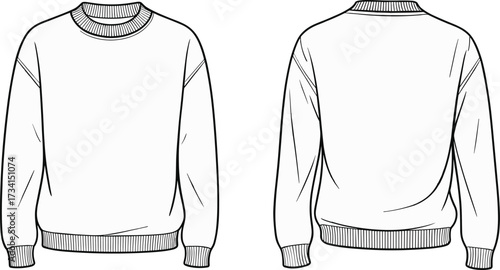 Crewneck sweatshirt fashion illustration, front and back view, ribbed neckline cuffs hem, vector line art, casual apparel garment technical drawing
