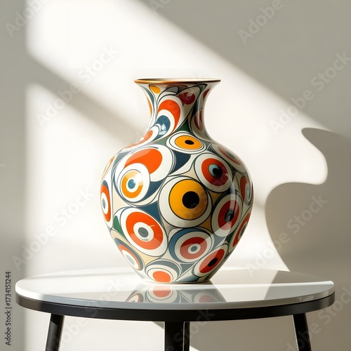 Decorative ceramic vase with abstract patterns placed on a modern side table.