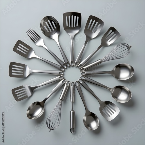 Minimalist set of stainless steel kitchen utensils arranged in a circular pattern on a clean background.