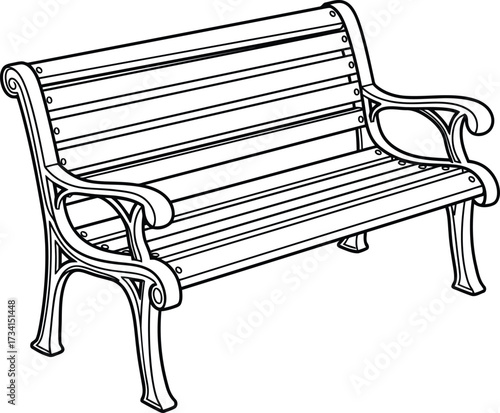 Classic outdoor park bench coloring page design for relaxation and creativity isolated on transparent background , line art illustration for children's simple coloring book
