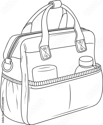Handbag tote bag fashion illustration, front view with bottles in pocket, zippered top design, vector line art, stylish accessory sketch