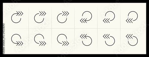 Outline circular and curved arrow icon set. Direction, navigation, downward, reload, clockwise, turn down, turn left, upward and more.
