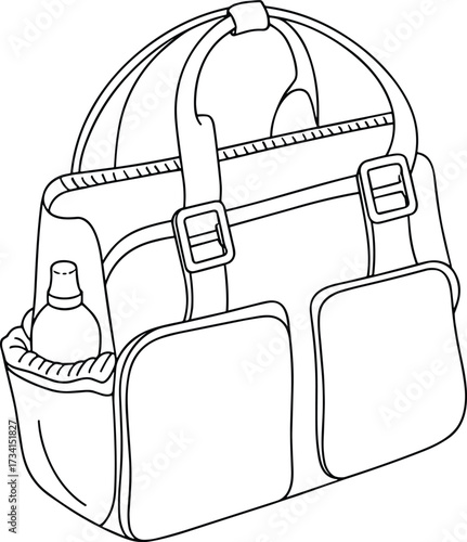 Diaper bag fashion illustration, multi pocket travel tote design, front view with bottle holder, vector line art, functional handbag sketch