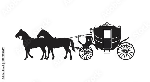 Elegant horse drawn carriage depiction in a striking black silhouette