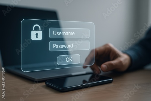 Wallpaper Mural Digital representation of a secure login interface featuring fields for username and password entry, with a lock icon indicating security, overlaid on a laptop screen. Torontodigital.ca