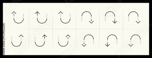Outline circular and curved arrow icon set. Direction, navigation, downward, reload, clockwise, turn down, turn left, upward and more.