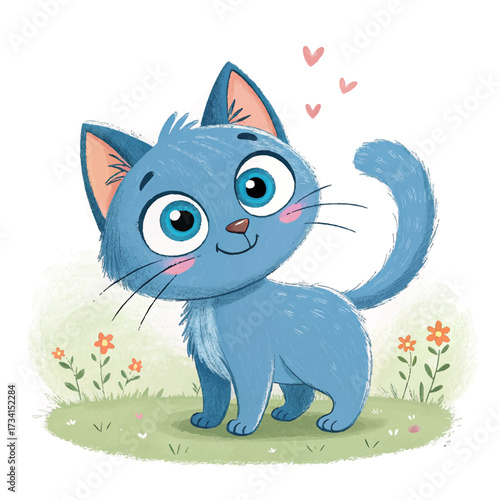 Cute artistic illustration of a friendly blue cat with shiny round eyes, smooth fur, and joyful sitting pose, whimsical style emphasizing charm and delightful pet character.