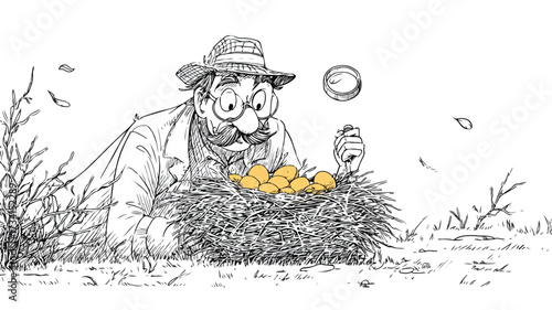 Careless Man Gathering Nest Eggs Cartoon Vector Illustration