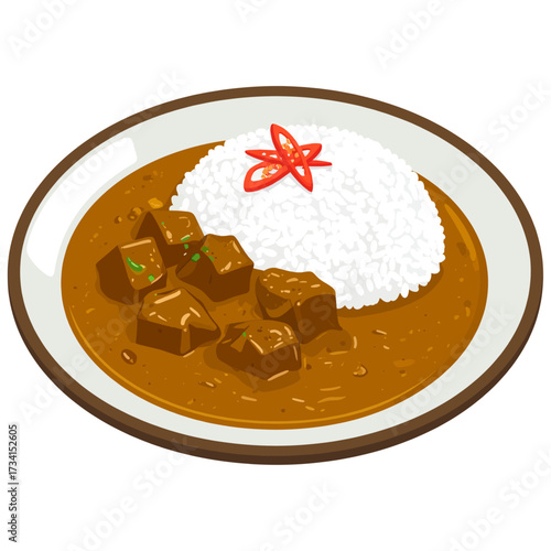 Golden curry rice with glossy beef chunks and shimmering red chili symbolizing warmth, resilience, and prosperity 
