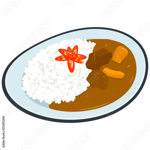 Golden curry rice with glossy beef chunks and shimmering red chili symbolizing warmth, resilience, and prosperity 
