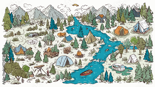 Seasonal Cartoon Camping Map Featuring Nature Adventures