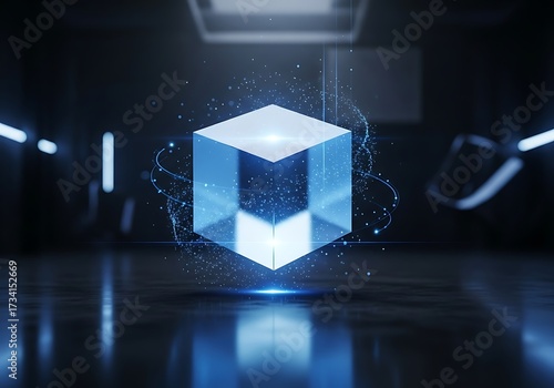 Abstract glowing blue cube with digital particles and light trails in a dark, futuristic room, symbolizing technology and innovation