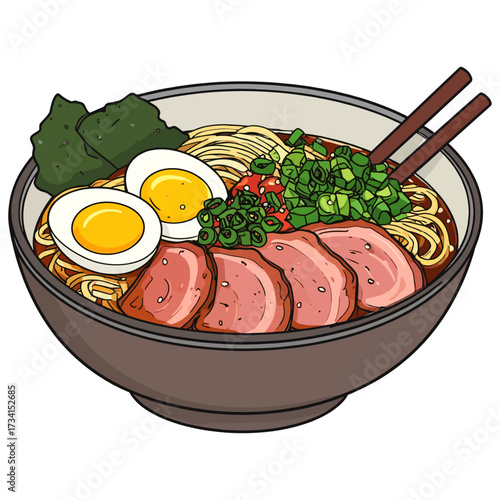 Steaming Japanese miso soy pork ramen with glossy noodles, tender slices, glowing eggs, and savory broth symbolizing harmony, renewal, and joy 
