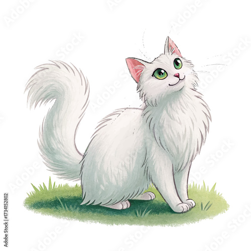 Charming illustration of Turkish Angora cat with fluffy white coat and striking green eyes, exuding playful and friendly demeanor. This artwork captures essence of this beautiful breed