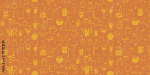 A Vibrant Pattern Featuring Various Drinks and Beverages Styled in Yellow on an Orange Background, Perfect for Celebratory Themes and Drinks-Themed Decor
