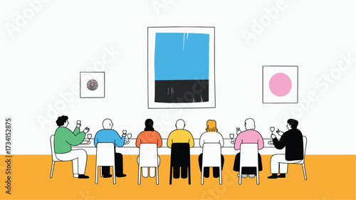 Minimalist Dining Scene with Colorful Stick Figure Diners